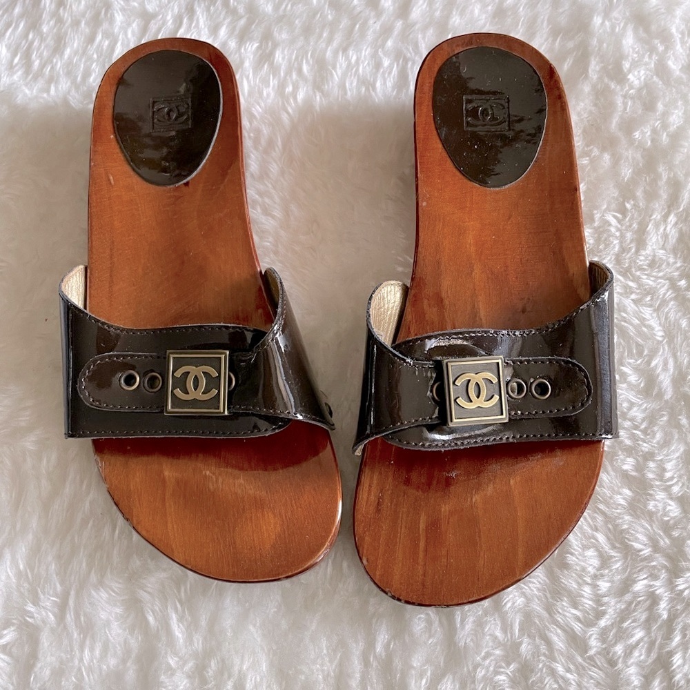 CHANEL wood sandals slides slip on clog